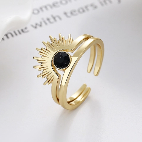 Anillo Ajustable Ojo Sol Y Anillo Redondo Fino Cobre Chapado Circón Negro Joyería Retro Bohemia Para Mujeres