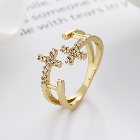 Doppellagiger Hohler Kreuz Ring Kupfer Zirkonia Verstellbar Mode Schmuck Für Damen