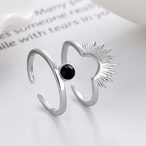 Anillo Ajustable Ojo Sol Y Anillo Redondo Fino Cobre Chapado Circón Negro Joyería Retro Bohemia Para Mujeres