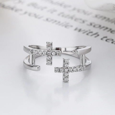 Doppellagiger Hohler Kreuz Ring Kupfer Zirkonia Verstellbar Mode Schmuck Für Damen