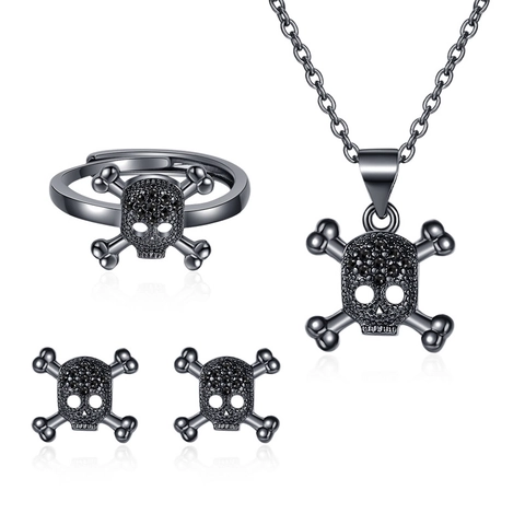 Gotische Punk Schedel Ketting En Ring En Oorbellen Koper Met Zwarte Strass Halloween Accessoires Voor Dames Heren
