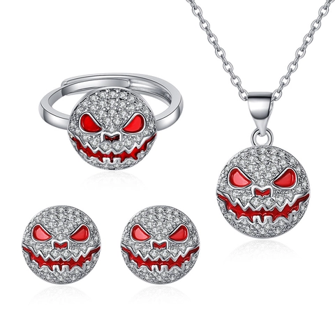 Gioielli Halloween Rame Zircone Viso Tondo Collana Orecchini Lobo Anello Regolabile Sorriso Diavolo Smalto Per Donna
