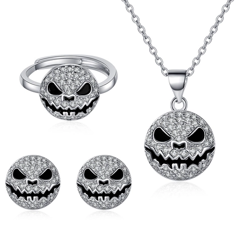Gioielli Halloween Rame Zircone Viso Tondo Collana Orecchini Lobo Anello Regolabile Sorriso Diavolo Smalto Per Donna