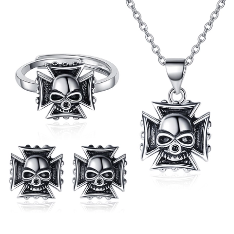 Schedel IJzeren Kruis Ketting Ring Oorknopjes Koper Vintage Gothic Punk Retro Halloween Sieraden Voor Heren Dames