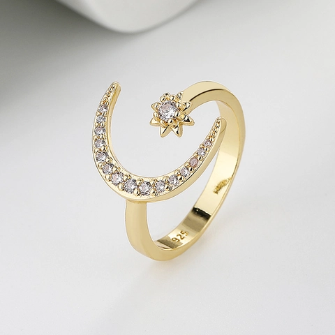Sparkling Cubic Zirconia Star Moon Open Ring With Dainty Adjustable Geometric Jewelry Gift For Women