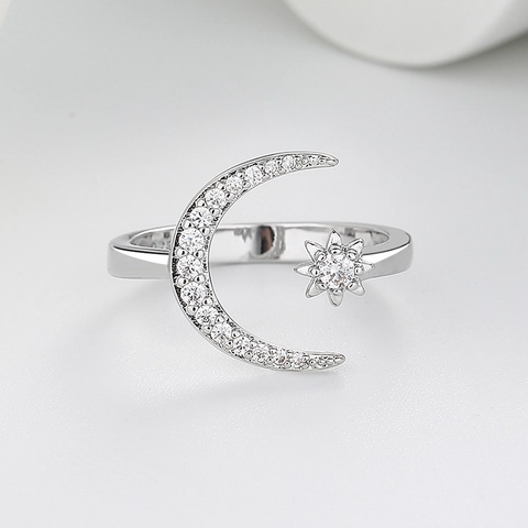 Sparkling Cubic Zirconia Star Moon Open Ring With Dainty Adjustable Geometric Jewelry Gift For Women