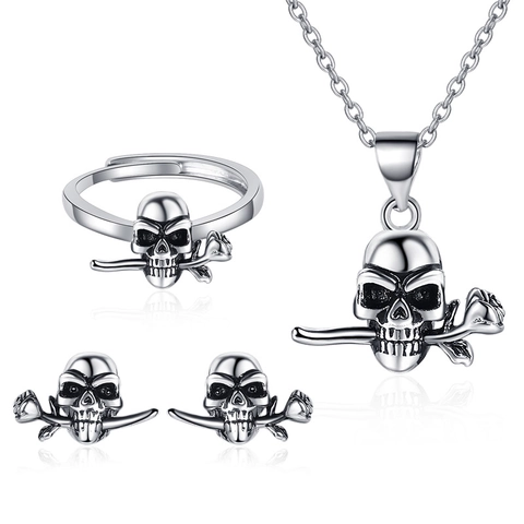 Gothic Totenkopf Rose Schmuck Halskette Ohrringe Ring Kupfer Antiksilber Finish Punk Retro Hip Hop Mode Für Frauen