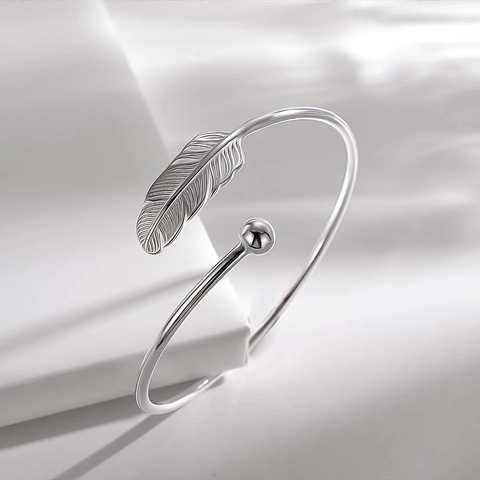 Feather Open Cuff Bangle Copper Adjustable Minimalist Leaf Bracelet For Women Trendy Jewelry Gift