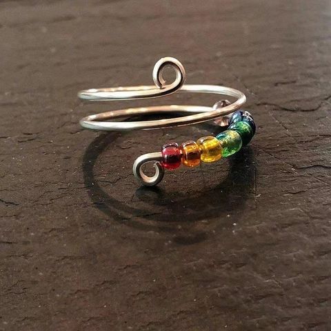 Anillo Spinner Para Aliviar La Ansiedad Cuentas De Arcoíris Cobre Envuelto En Alambre Anillo Abierto Ajustable Joyería Antiéstres Mujeres