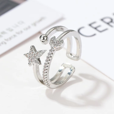 Doppellagiger Offener Ring Kupfer Mikro-Zirkonia Stern Mond Herz Verstellbarer Schmuck Für Frauen Mode