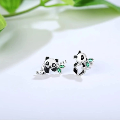 Pendientes De Panda Lindos Esmalte Joyería De Animales Con Hoja De Bambú Zircón Verde Y Poste De Plata Esterlina 925