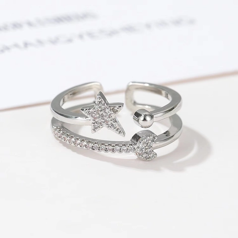 Doppellagiger Offener Ring Kupfer Mikro-Zirkonia Stern Mond Herz Verstellbarer Schmuck Für Frauen Mode