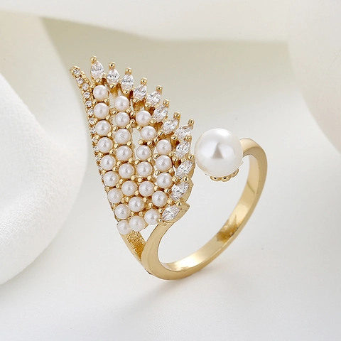 Elegant Angel Wing Open Ring For Women Copper Micro Pave Marquise Zircon Artificial Pearl Adjustable Fashion Jewelry