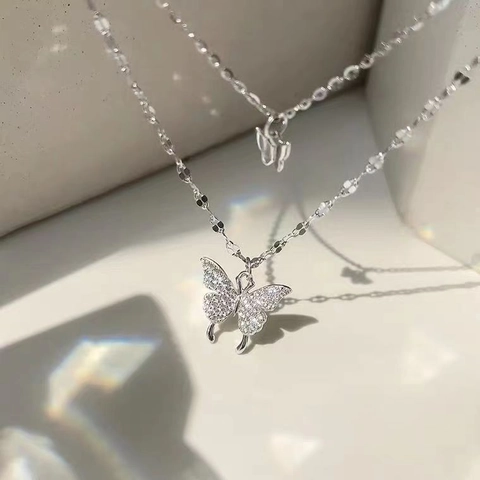 Collana A Doppio Strato Farfalla Rame Ciondolo In Zircone Scintillante Catena Delicata Gioielli Donna Tono Argento