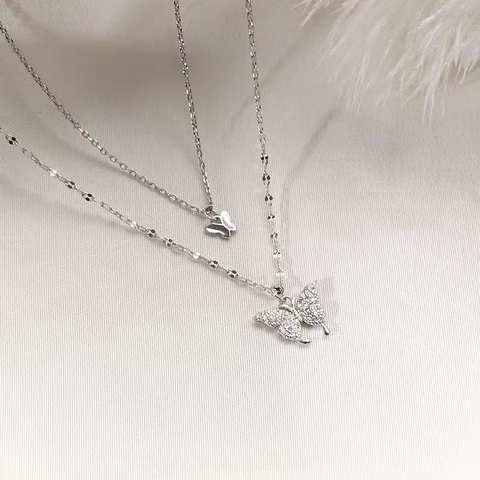 Collana A Doppio Strato Farfalla Rame Ciondolo In Zircone Scintillante Catena Delicata Gioielli Donna Tono Argento