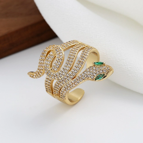 Snake Ring Copper Micro Pave Cubic Zirconia Green Eyes Multi Layer Wrap Adjustable Open Ring Hip Hop Luxury Unisex