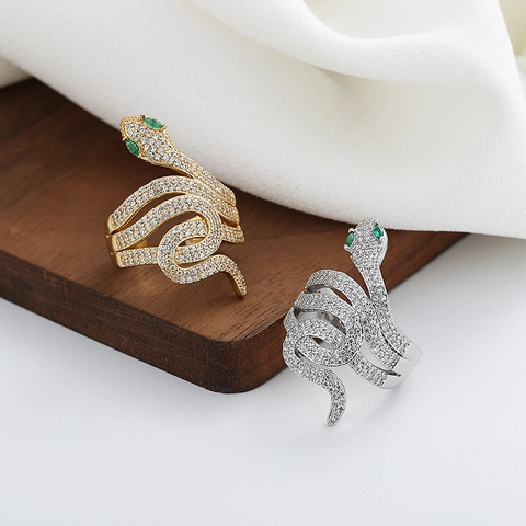Snake Ring Copper Micro Pave Cubic Zirconia Green Eyes Multi Layer Wrap Adjustable Open Ring Hip Hop Luxury Unisex