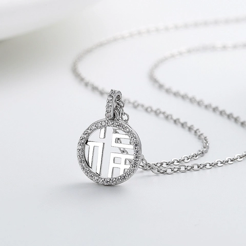 Round Openwork Fu Pendant Necklace Copper With Micro Pave Zircon Double Layer Clavicle Chain For Women Elegant