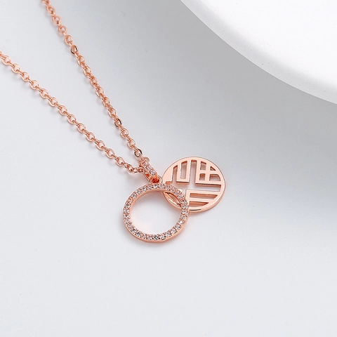 Round Openwork Fu Pendant Necklace Copper With Micro Pave Zircon Double Layer Clavicle Chain For Women Elegant