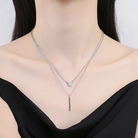 Layered Necklace Copper Rhinestone Zircon Round And Vertical Bar Pendant Clavicle Chain Minimalist Fashion Women