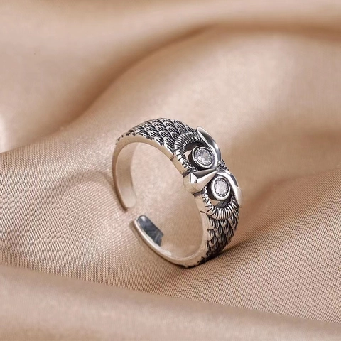 Anillo De Búho Abierto Ajustable Vintage Cobre Zirconia Cúbica Textura Pluma Estilo Punk Para Mujer
