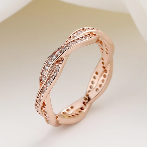 Intertwined Infinity Ring For Women Copper Cubic Zirconia Double Row Twisted Wave Band Creative Retro Jewelry Gift