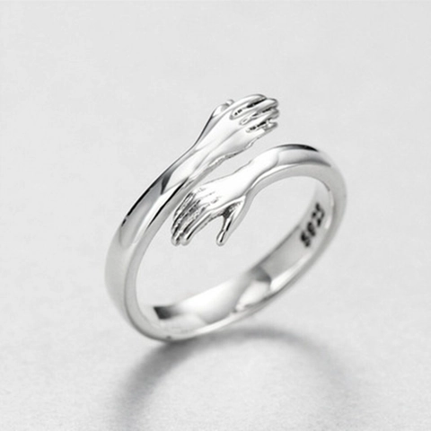 Umarmende Hände Ring 925 Sterlingsilber Verstellbar Offenes Band Romantischer Schmuck Unisex Minimalistisch Poliert