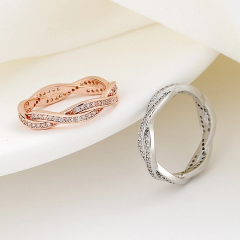 Intertwined Infinity Ring For Women Copper Cubic Zirconia Double Row Twisted Wave Band Creative Retro Jewelry Gift