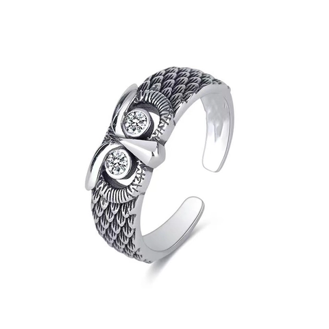 Anillo De Búho Abierto Ajustable Vintage Cobre Zirconia Cúbica Textura Pluma Estilo Punk Para Mujer