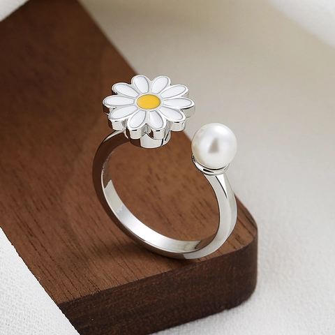 Daisy Blume Rotierender Ring Kupfer Mit Künstliche Perle Stressabbau Verstellbarer Offener Ring Modeschmuck Für Damen