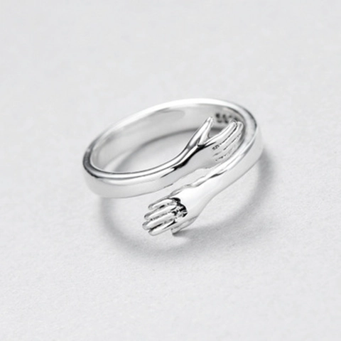 Umarmende Hände Ring 925 Sterlingsilber Verstellbar Offenes Band Romantischer Schmuck Unisex Minimalistisch Poliert