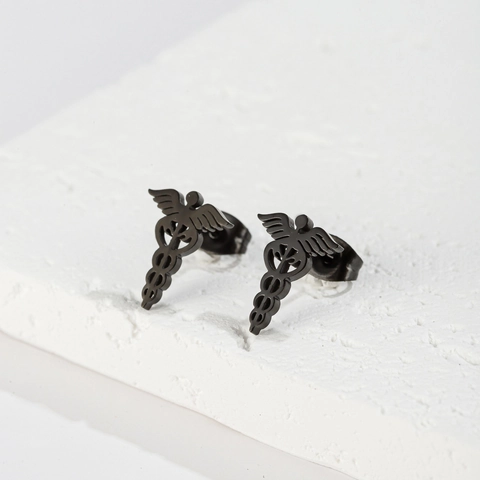 Medical Caduceus Symbol Stud Earrings Stainless Steel Winged Wand Snake Sign Jewelry Gift For Doctors Nurses