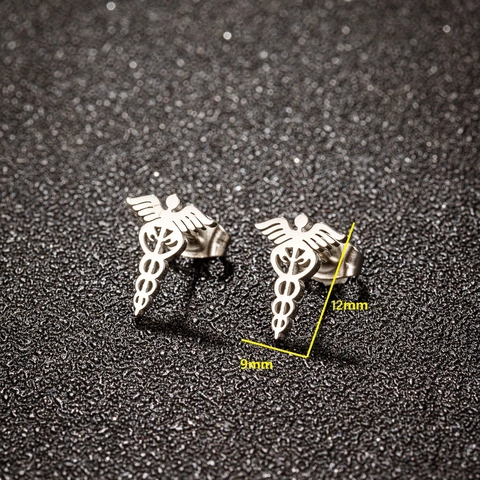 Medical Caduceus Symbol Stud Earrings Stainless Steel Winged Wand Snake Sign Jewelry Gift For Doctors Nurses