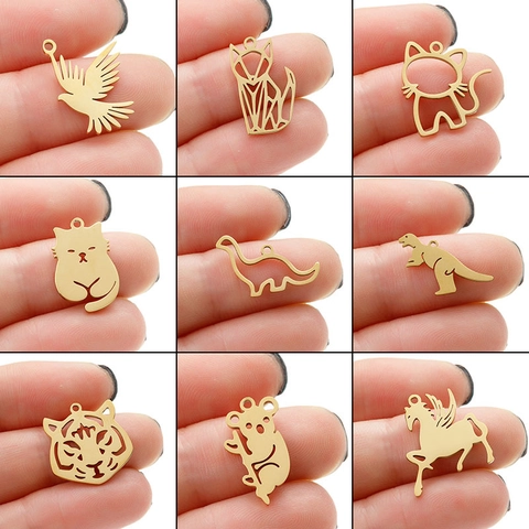Dijes De Animales Colgantes Acero Inoxidable Hueco Geométrico Gato Zorro Dinosaurio Pájaro Koala Pegaso Tigre DIY