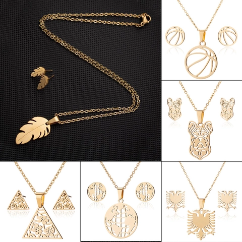 Conjunto Collar Pendientes Acero Inoxidable Patrón Geométrico Hueco Triángulo Baloncesto Águila Perro Para Mujeres