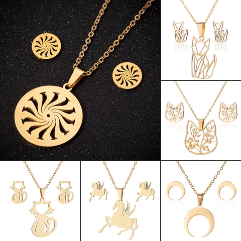 Gioielli In Acciaio Inossidabile Moda Collana Orecchini Motivo Animale Geometrico Origami Volpe Gatto Luna Per Donna