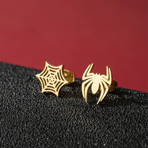 Boucles d'Oreilles Clous Asymétriques en Acier Inoxydable Araignée et Toile d'Araignée pour Femmes Bijoux Halloween Punk