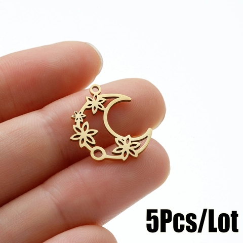 Pendentif Lune Floral en Acier Inoxydable pour Bijoux DIY Poli Accessoire Minimaliste Sans Chaîne