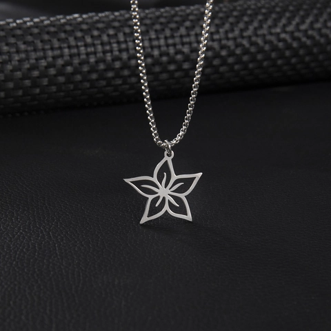 Hollow Flower Pendant Necklace Stainless Steel Cherry Blossom Star Motif Fashion Jewelry For Women Silver Tone