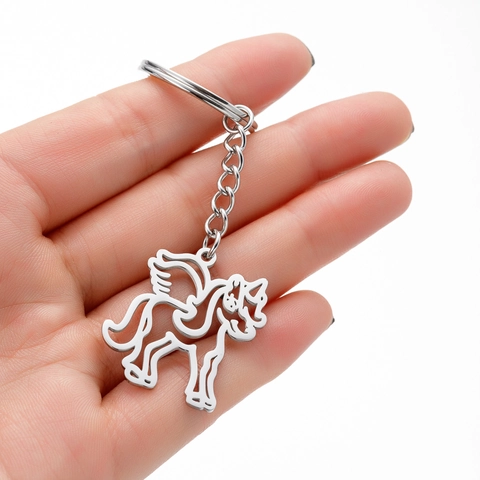 Portachiavi Unicorno Pegaso in Acciaio Inossidabile Ciondolo Linee Cave Animale Cavallo Alato Anello Chiave Argento Gioielli di Moda Regalo