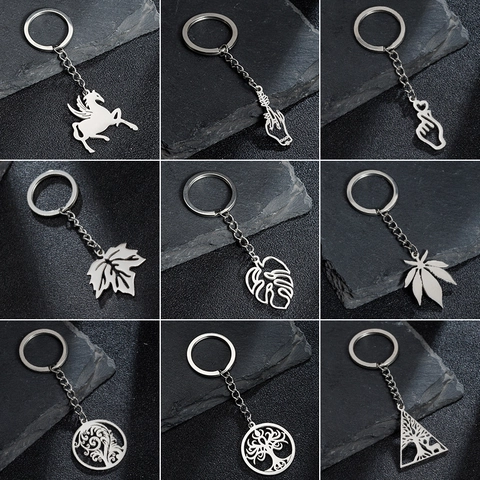 Roestvrijstalen Sleutelhanger Plant Esdoorn Monstera Blad Levensboom Pegasus Hart Gebaar Zilver Minimalistisch Metaal