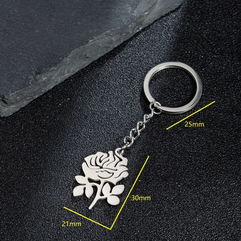 Stainless Steel Rose Flower Pendant Keychain Minimalist Floral Hollow Key Ring For Women Men Fashion Bag Accessories Gift