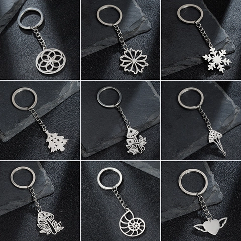 Porte-clés Minimaliste En Acier Inoxydable Avec Pendentif Ajouré Champignon Fleur Flocon De Neige Sapin De Noël