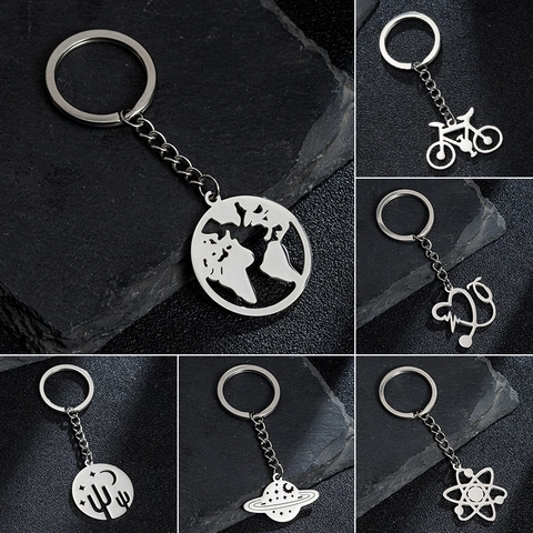 Llavero De Acero Inoxidable Creativo Bicicleta Estetoscopio Corazón Mapa Del Mundo Saturno Átomo Cactus Luna Colgante Regalo