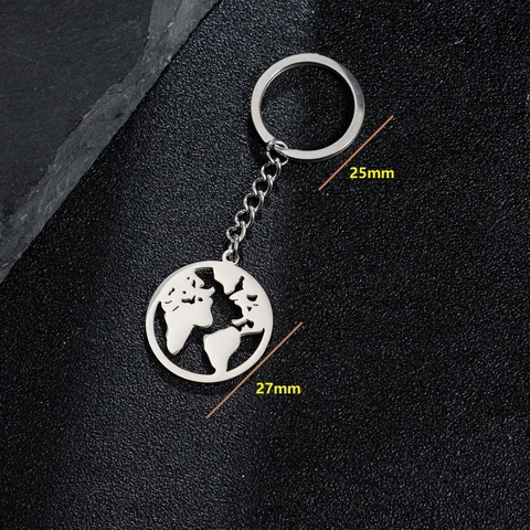 Portachiavi con Ciondolo Rotondo Cavo Mappa del Mondo in Acciaio Inossidabile per Souvenir di Viaggio Regalo Unisex