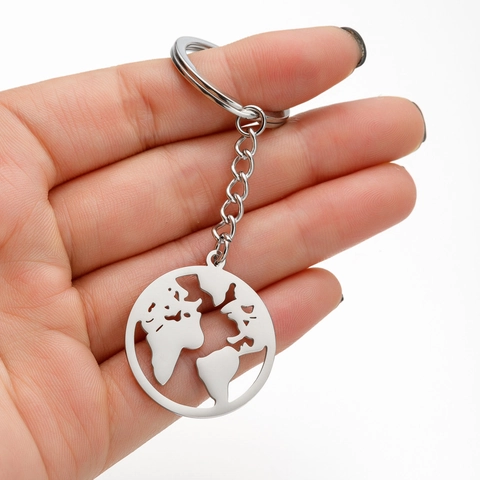 Portachiavi con Ciondolo Rotondo Cavo Mappa del Mondo in Acciaio Inossidabile per Souvenir di Viaggio Regalo Unisex