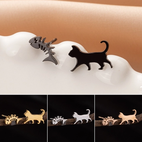 Orecchini A Lobo Asimmetrici Gatto E Lisca Di Pesce In Acciaio Inossidabile Piccola Forma Animale Moda Creativa