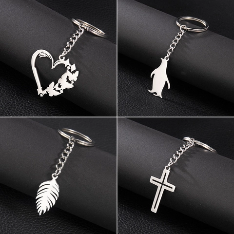 Llavero De Acero Inoxidable Minimalista Cruz Corazón Mariposa Pingüino Pluma Colgante Llavero Geométrico Accesorios