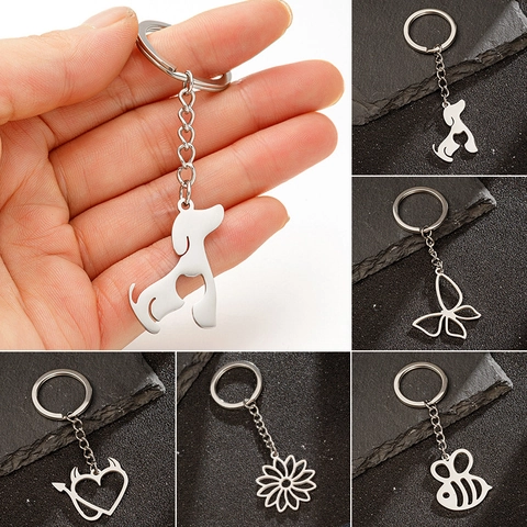 Portachiavi In Acciaio Inossidabile Ciondolo Cavo Farfalla Ape Cane Cuore Del Diavolo Accessorio Per Borsa Minimalista Argento