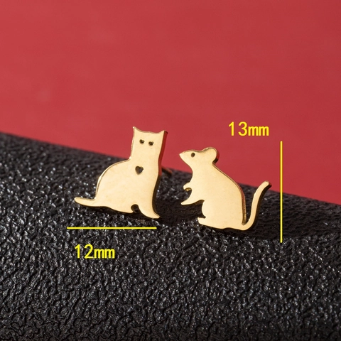 Orecchini Asimmetrici Gatto Topo Acciaio Inossidabile Minimalista Silhouette Animale Cuore Gioielli Per Donne